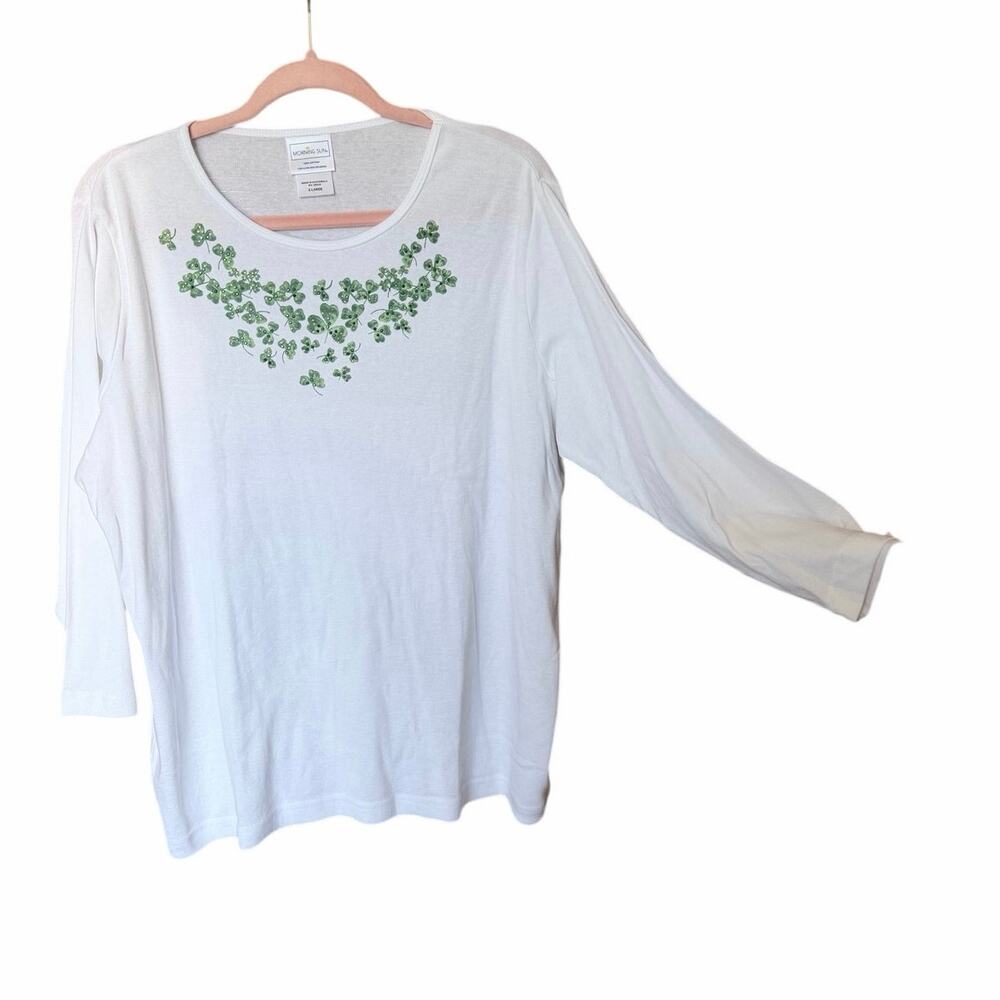 Morning sun white 100% knit cotton blouse top shamrocks clovers lucky Irish XL